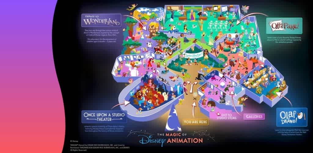 Colorful map of Disney's animation studios with labeled attractions, pathways, and areas including Wonderland, Studio Theater, galleries, and exit highlighted.