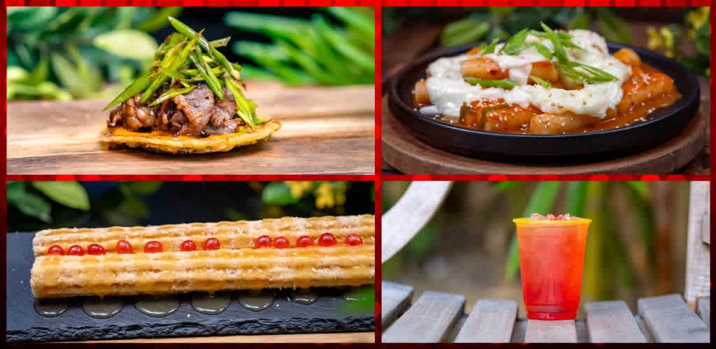 Four food and drink images including tacos with meat and green onions, a skillet dish with sauce and sour cream, a churro on a black plate, and a colorful cocktail in a red cup