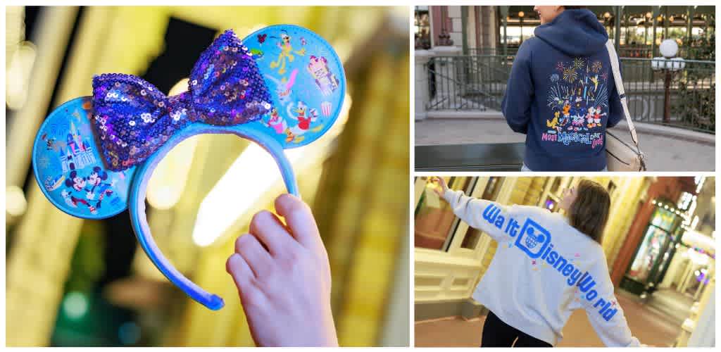 Kid holding a blue Disney themed headband with a purple sequin bow, a person wearing a fireworks and Disney themed hoodie, and a girl in a Disney sweatshirt pointing.