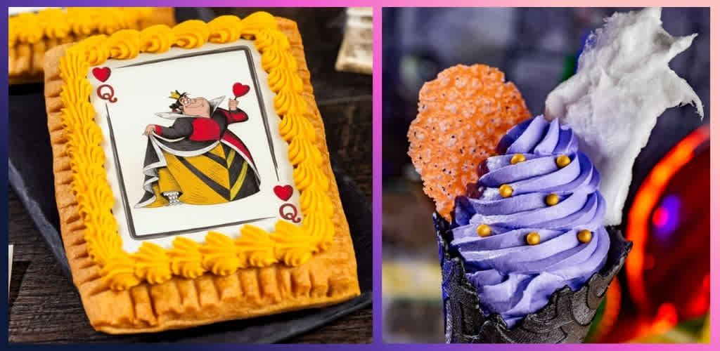 A Queen of Hearts themed decorated cake next to a purple swirl ice cream cone topped with a cookie and cotton candy.