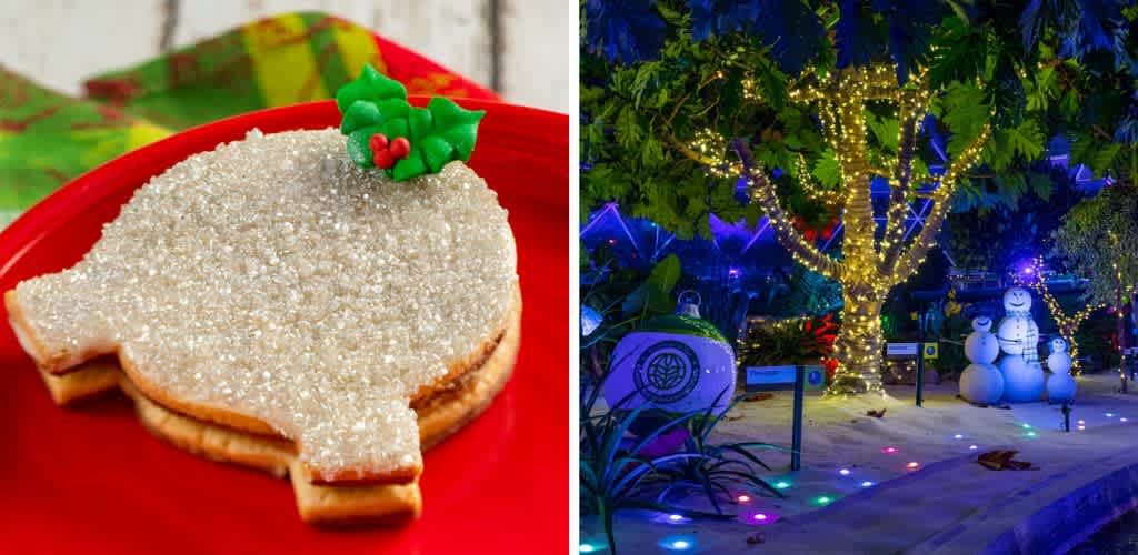 Christmas sugar cookie shaped like a mitten with holiday decoration on top next to a snow-covered yard decorated with colorful lights and snowmen at night