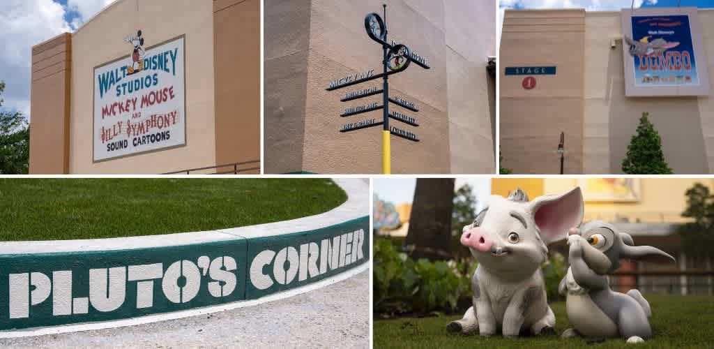 Images of Disney Studios signage, a directional signpost, a Dumbo sign, Pluto's Corner curb sign, and cartoon pig and mouse sculptures outside