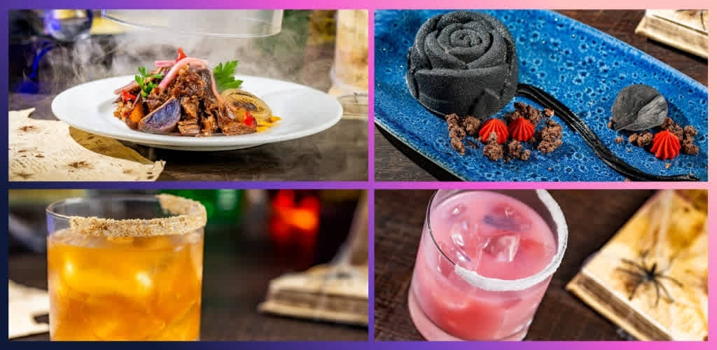 Four colorful images of gourmet food and drinks including a plated dish, a dessert with black roses, a glass of amber beverage, and a pink cocktail with ice.