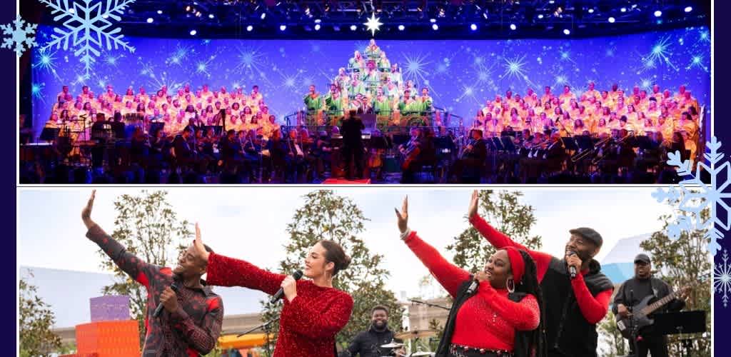 Upper: An orchestra performs on stage during a Christmas concert with snowflake decorations and twinkling lights. Lower: A gospel choir sings outdoors with a band and trees in the background.