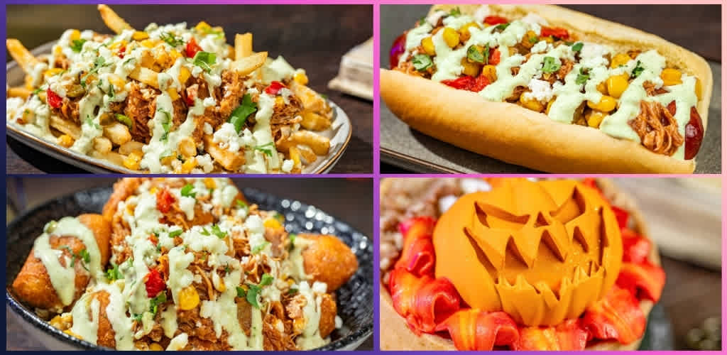 Assorted fast food dishes including loaded fries, a tacos, fried chicken, and a carved pumpkin cheese ball.