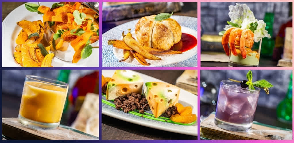 A collage of six images showcasing a variety of foods and drinks with colorful backgrounds.