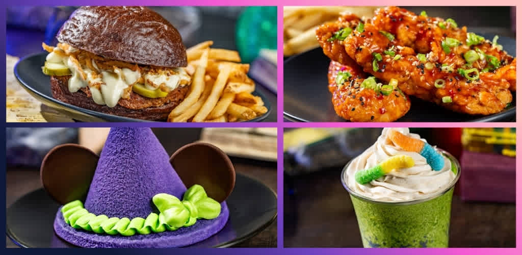 A collage of four images showcasing a sandwich with fries, spicy chicken wings, a decorated purple cone cake, and a green frosted milkshake with colorful candies.