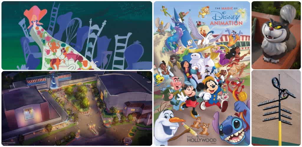 Collage of Disney animated characters, a theme park map, a weather vane, and Disney-themed artwork and decor.