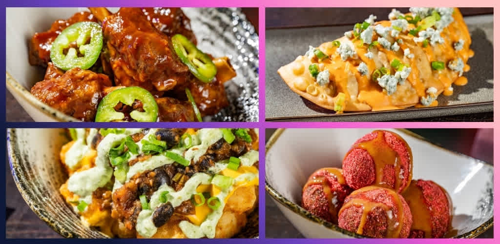 Assorted food dishes including spicy glazed chicken with green peppers, a crispy topped appetizer, loaded nachos with cheese and green onions, and caramel-drizzled red candies in a bowl
