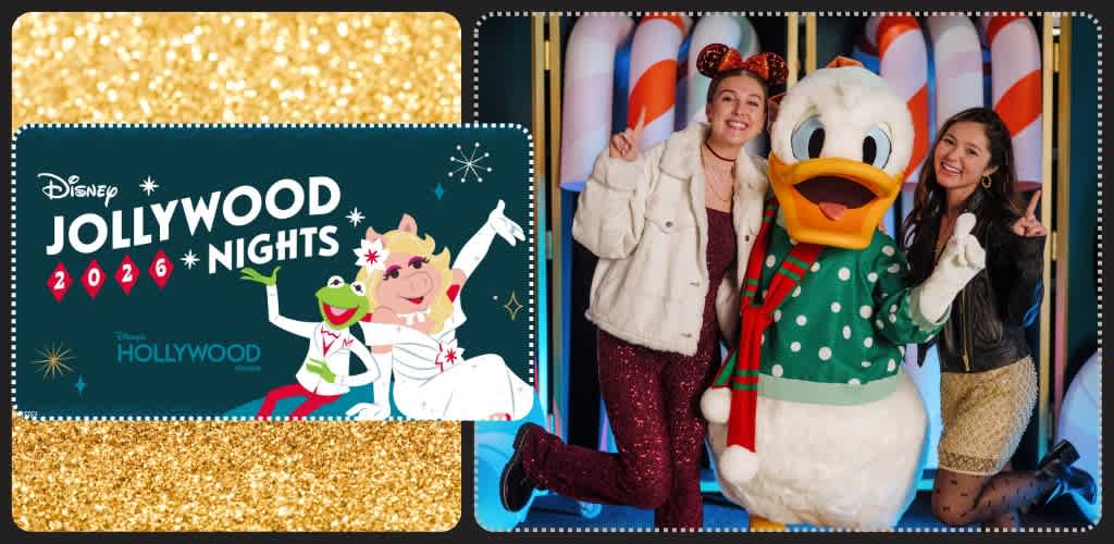 Two women posing with a Donald Duck character at Disney Hollywood Night 2026 with a colorful festive background.