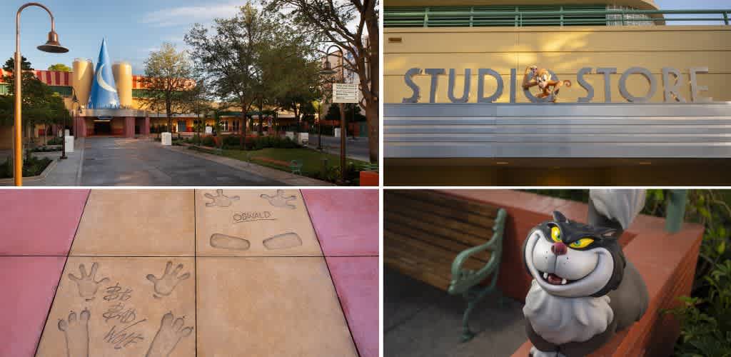An amusement park featuring a castle, a studio store sign, decorative paw prints on the ground, and a cartoon character statue outdoors