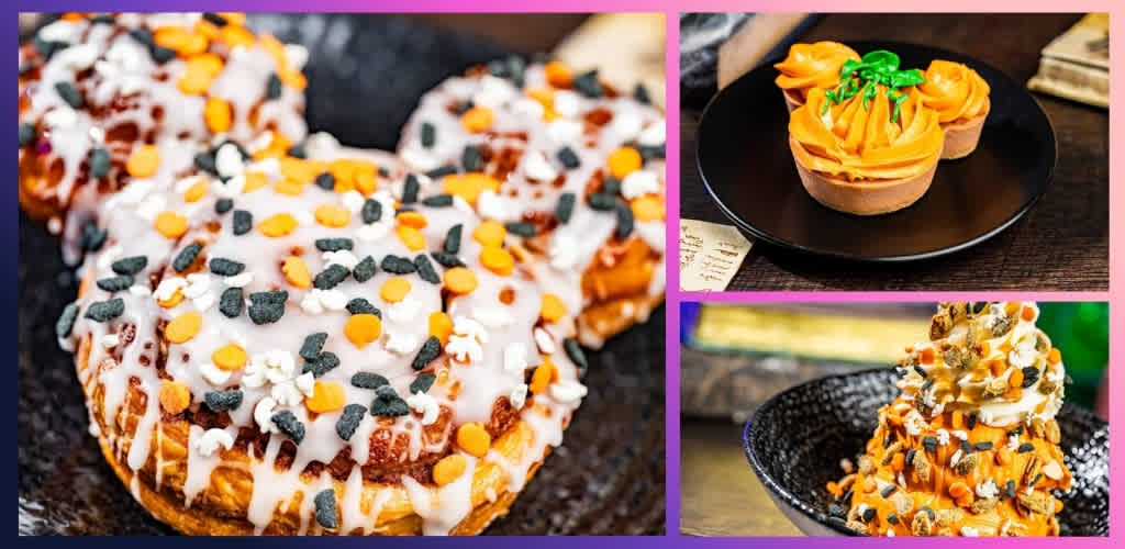 Assorted Halloween themed donuts with white glaze, orange and black sprinkles, orange frosting cupcakes with green decoration, and a pumpkin-shaped ice cream treat with toppings.