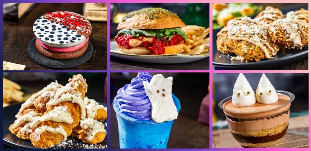 A collage of six images shows a decorated cake, a burger, cinnamon rolls, fried chicken tenders, a purple ice cream with a ghost-shaped marshmallow, and a layered pudding dessert with ghost decorations.