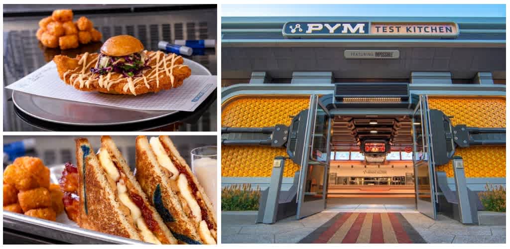 Exterior view of PYM Test Kitchen with food items including fried chicken sandwich and dessert sandwiches in front