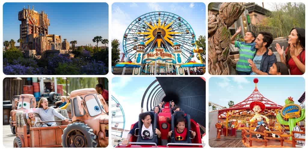 Six people enjoy rides and attractions at an amusement park, including a Ferris wheel, roller coaster, and themed entertainment areas.