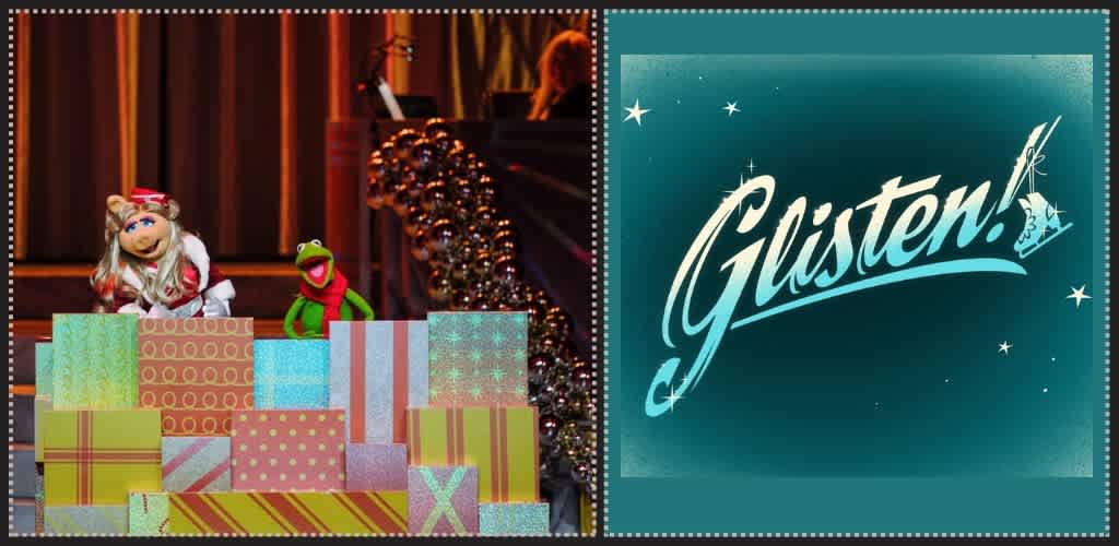 Two puppets and many wrapped presents are displayed next to a teal sign with the word Glisten and a starry design on a website holiday theme.