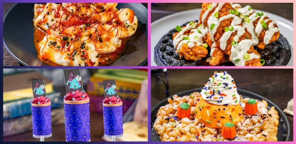 Top row features a pizza with melted cheese and toppings, and a plate of fried chicken nuggets with white sauce and green onions. Bottom row shows party treats with colorful decorations and a festive dessert with orange and purple toppings.