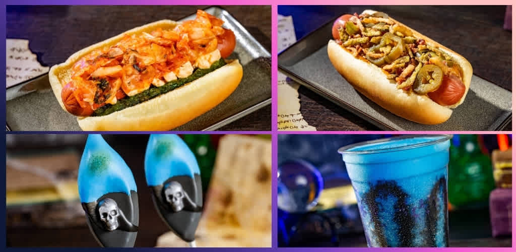 Four images showing hot dogs with toppings, decorated candles, and a blue frozen drink on a colorful background.