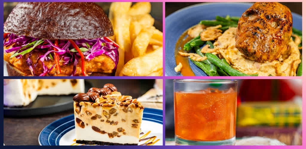 A collage of four images featuring food and drinks including a burger with fries, grilled chicken with vegetables, a slice of cheesecake, and a glass of orange juice.