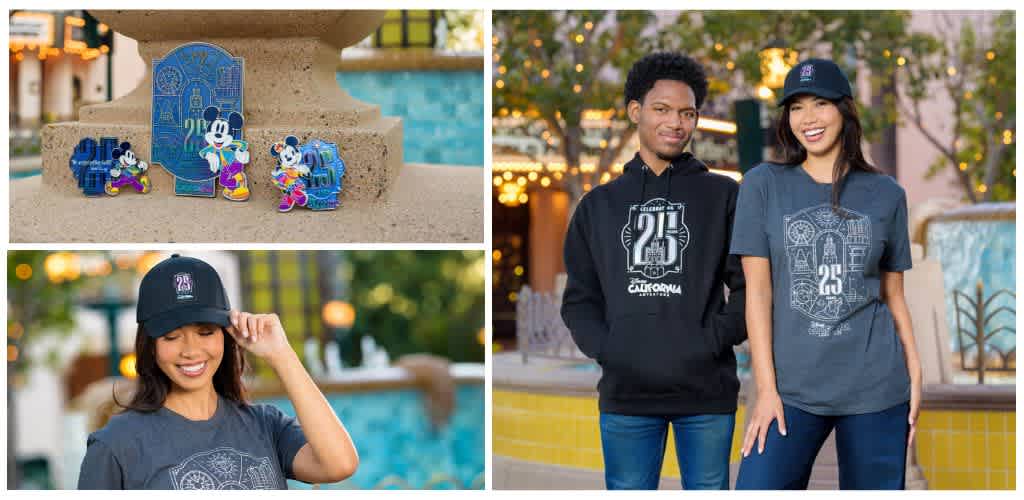 Two people wearing dark gray and black hoodies and t-shirts with the number 25 and a design celebrating the 25th anniversary of Disneyland California