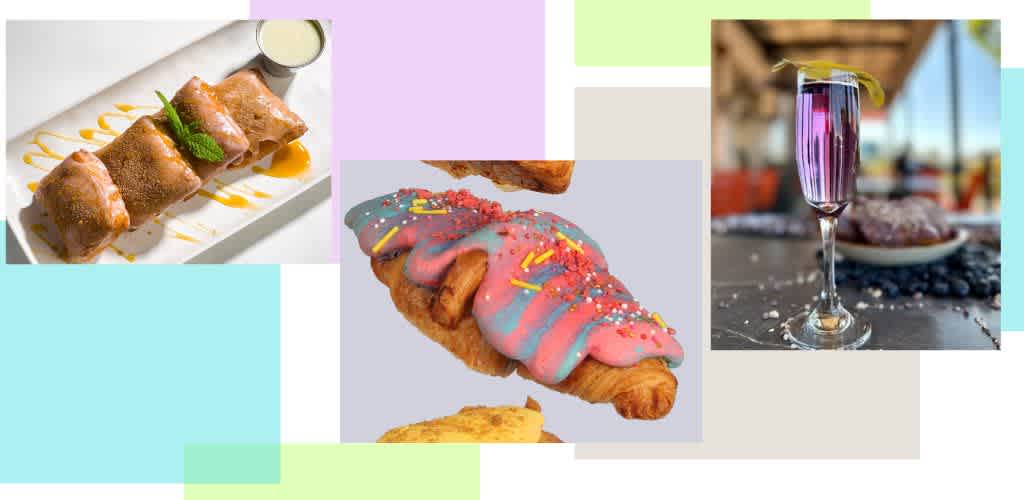 Images of a spring roll with sauce, a colorful donut with sprinkles, and a glass of purple beverage with a lime wedge.