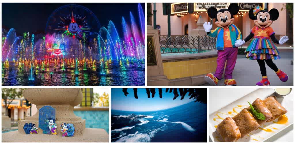 Vibrant colorful fountains, Mickey and Minnie Mouse characters, scenic ocean view, dessert dish with sauce, and small Mickey-shaped figurines on a blue background