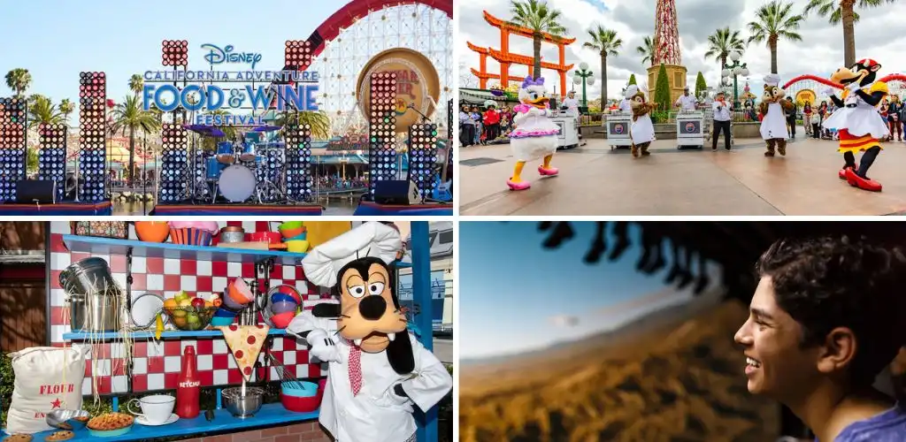 People enjoying a Disney California Adventure Food and Wine Festival with live entertainment, character costumes, cooking activities, and scenic outdoor views.