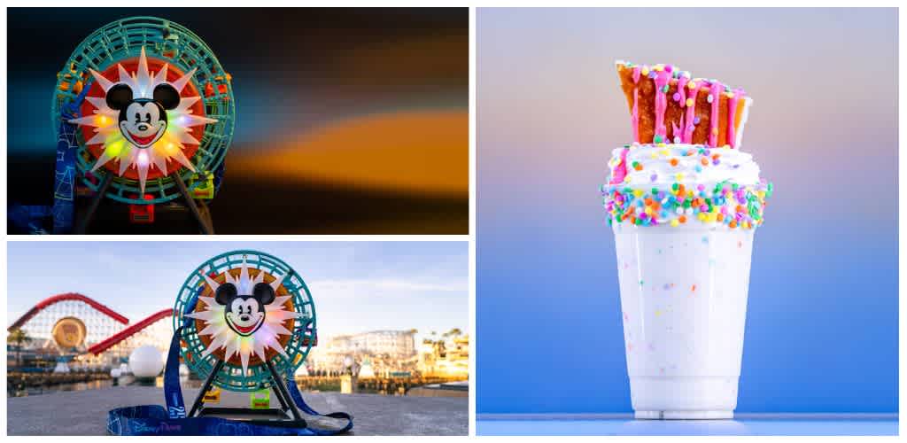 Images of a Mickey Mouse themed amusement park ride at sunset and daytime, alongside a milkshake topped with a large slice of cake and colorful sprinkles
