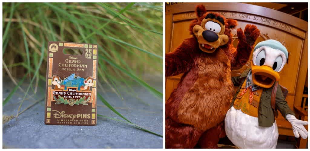 A Disney pin featuring the Grand Californian Hotel and Spa logo alongside Mickey and Minnie Mouse characters, placed outdoors on grass.