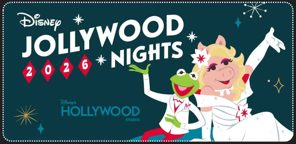 Colorful graphic for Disney Jollywood Nights 2026 featuring Kermit the Frog and Miss Piggy in festive attire against a teal background with stars and sparkles.