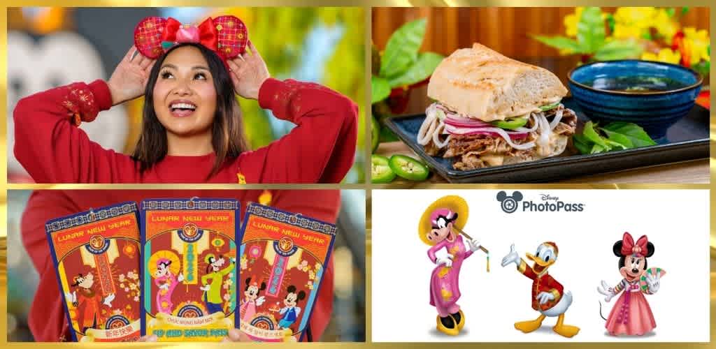 Collage of four images featuring a woman in festive attire, a delicious sandwich, colorful lunar New Year decorations, and Disney characters Minnie Mouse, Donald Duck, and Daisy Duck.