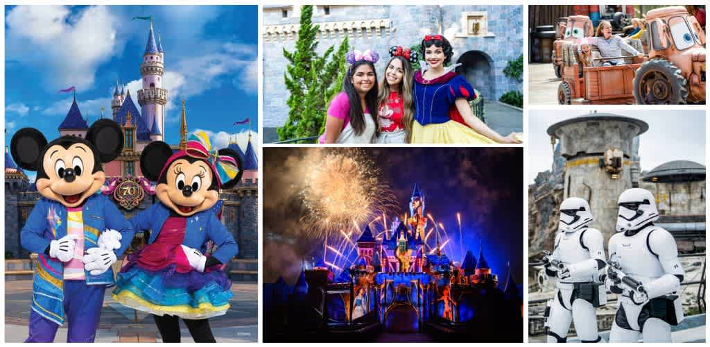 People enjoying Disney characters, fireworks, rides, and Star Wars themed attractions at a theme park.