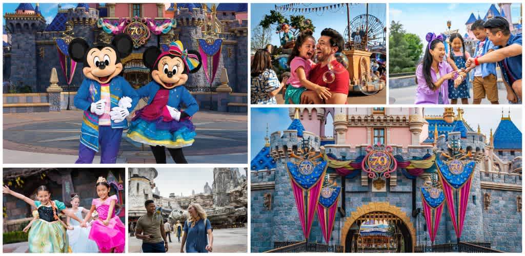 Happy children and Mickey and Minnie Mouse at a Disney theme park with a castle backdrop and festive decorations celebrating Disney's 70th anniversary.