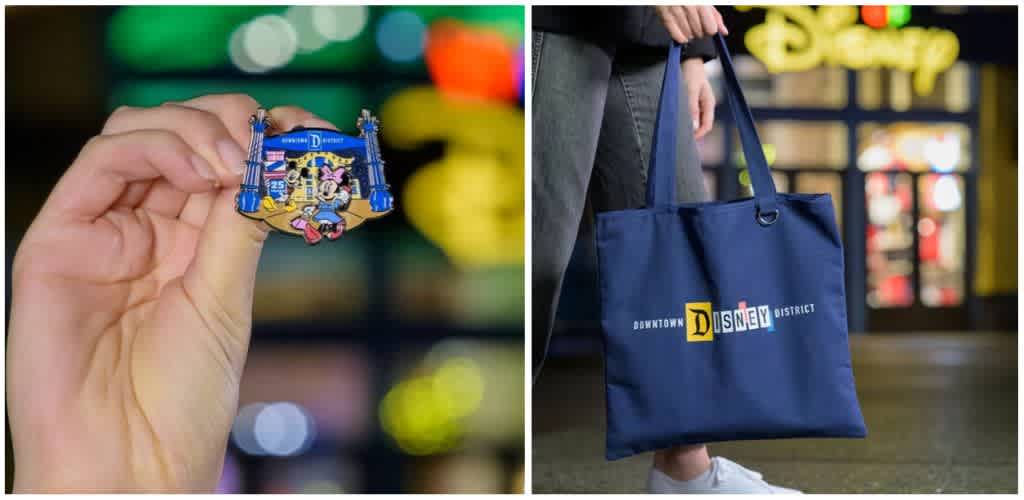 A hand holds a Disney themed pin featuring Mickey Mouse, and a person holds a blue tote bag with Downtown Disney District logo.