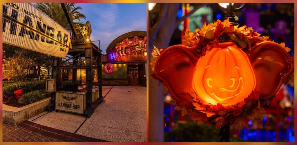Outdoor scene with a building entrance decorated for Halloween featuring a glowing carved pumpkin with a smiling face and colorful lights in the background