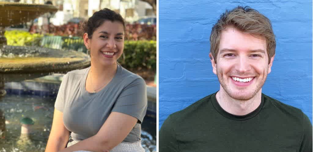 Side-by-side portraits of a smiling woman outdoors and a smiling man lying on a blue surface.