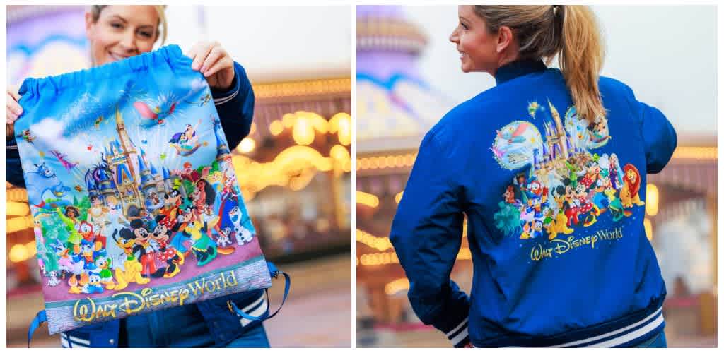A woman holds a Disney World themed drawstring bag featuring classic Disney characters, with a castle and colorful background, in front of a nighttime amusement park.