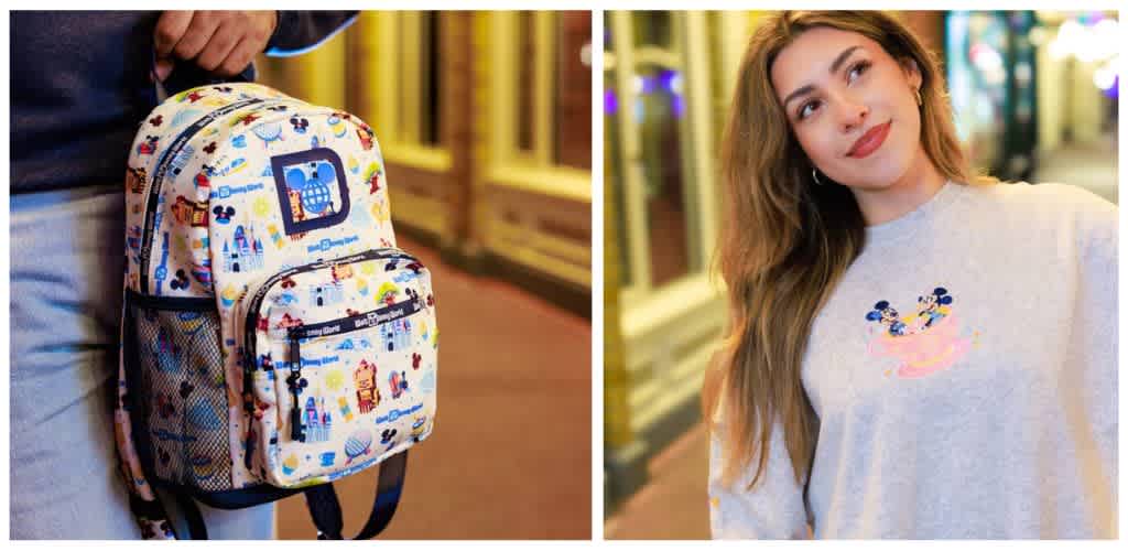 Image of a person holding a colorful Disney themed backpack and a young woman wearing a light gray Disney sweatshirt with Mickey and Minnie Mouse design.