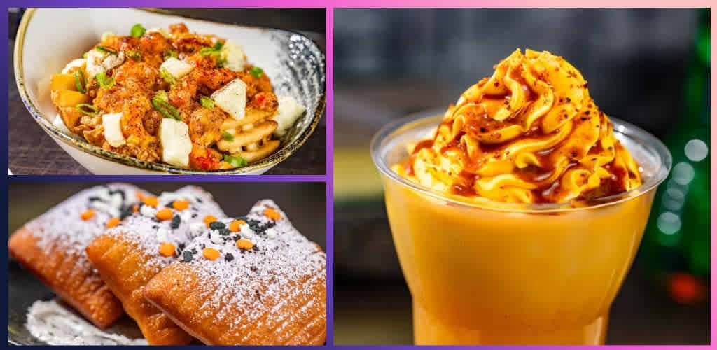 A collage of three images showing a bowl of chicken pasta, fried dessert pastries with sprinkles, and a caramel-flavored soft serve ice cream in a cup.