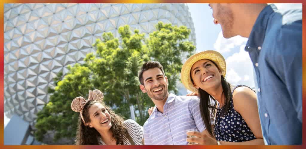 A group of four diverse friends smiling and talking outdoors with a large geodesic dome and trees in the background