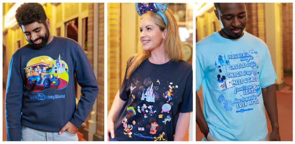 Three people smiling and looking down, wearing colorful Disney themed shirts inside a warmly lit area with brick walls and wooden beams.