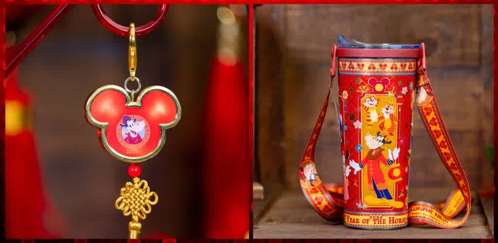 A Disney themed lanyard with a red and gold design, featuring a character and decorative elements, and a red cylindrical bag with colorful horse illustrations and an adjustable strap.