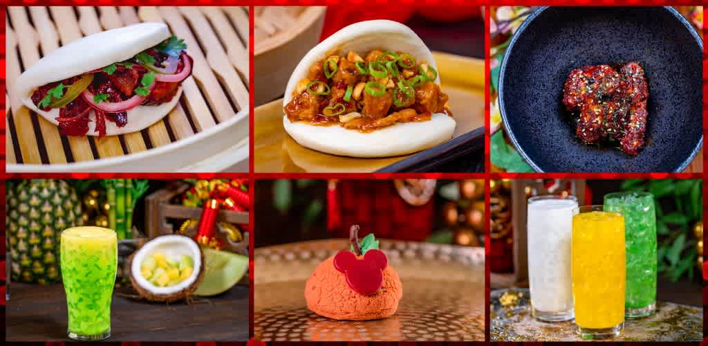 Assorted Asian dishes with drinks and a festive dessert arranged on a table with holiday decorations.