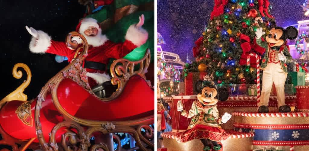 Santa Claus in a sleigh and Mickey Mouse characters dressed in festive holiday costumes smiling near a decorated Christmas tree with presents.