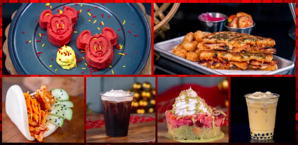 A collage of food and drinks including Mickey Mouse shaped waffles, layered fried dish, taco with fried chicken, chocolate drink, dessert with whipped cream, and bubble tea