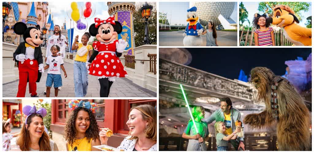 People of different ages enjoying themselves with Disney characters and themed attractions at a Disney theme park.