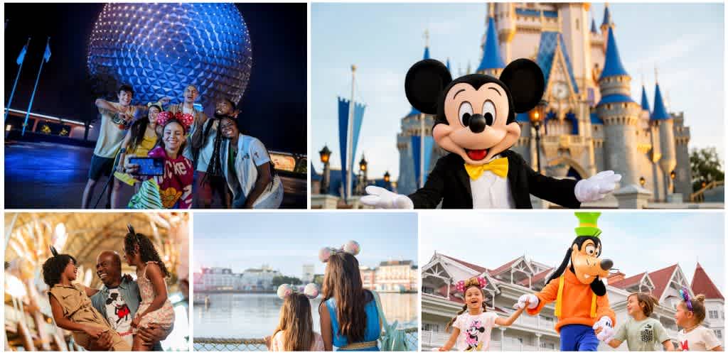 Group of friends and children enjoying Disney theme park attractions with the iconic castle and beloved characters.