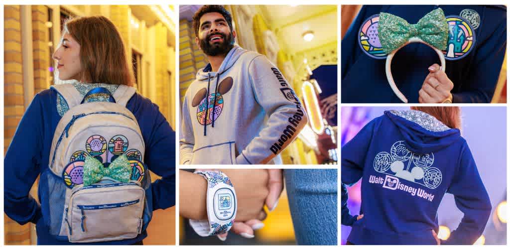 People wearing Disney themed accessories, including a backpack, hoodie, headband, and smartwatch, at a Disney park with colorful lighting and decorations.