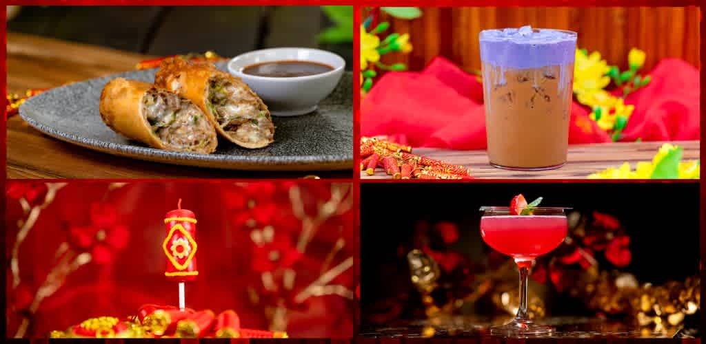 Assorted spring rolls, a creamy beverage, a festive candle, and a colorful holiday cocktail displayed on a dark background