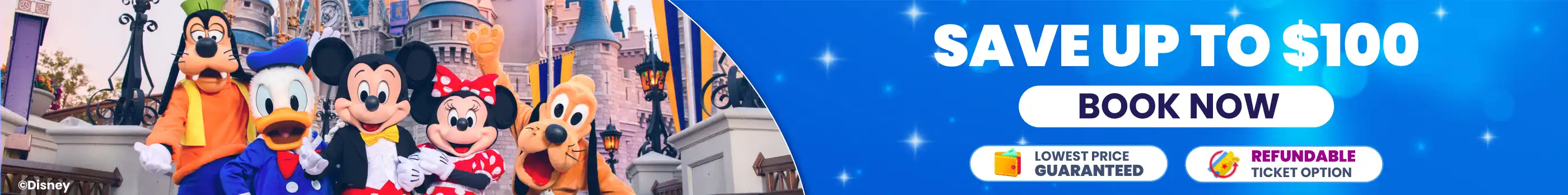 Walt Disney World banner featuring Cinderella Castle and iconic characters, promoting theme park ticket deals